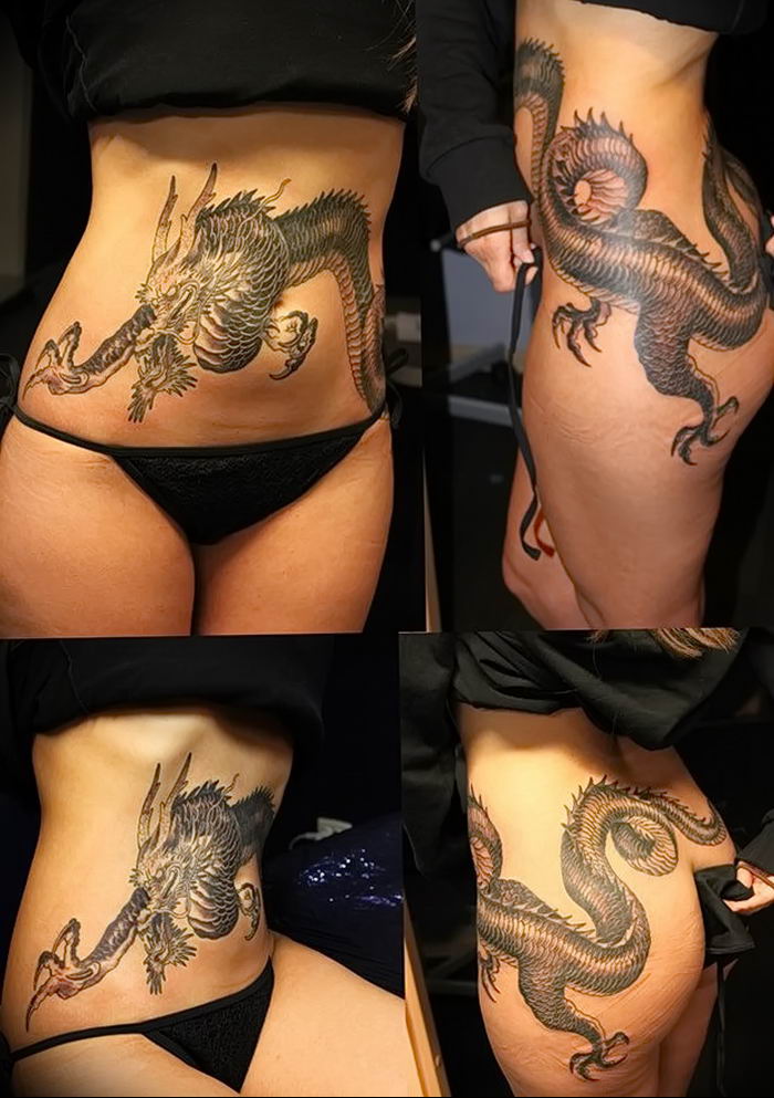 Татуировка дракона на животе у девушки