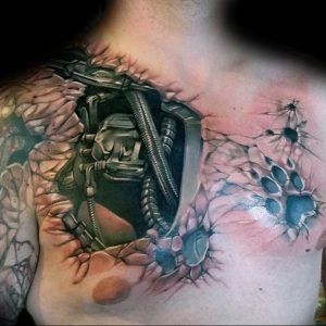 фото тату биомеханика на груди 06.04.2019 №020 - chest biomechanics tatt - tattoo-photo.ru