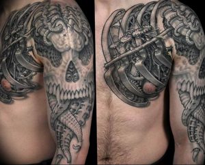 фото тату биомеханика на груди 06.04.2019 №049 - chest biomechanics tatt - tattoo-photo.ru