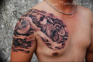 фото тату биомеханика на плече 06.04.2019 №008 - tattoo biomechaniс - tattoo-photo.ru