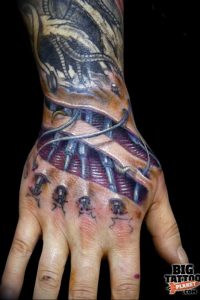 фото тату биомеханика на руке 06.04.2019 №001 - tattoo biomechanics on h - tattoo-photo.ru