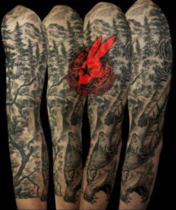 Фото тату рукав горы 23.07.2019 №017 - mountain sleeve tattoo - tattoo-photo.ru