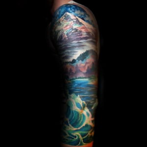 Фото тату рукав горы 23.07.2019 №027 - mountain sleeve tattoo - tattoo-photo.ru