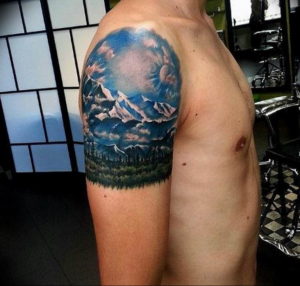 Фото тату горы на плече 23.07.2019 №007 - mountain tattoo on the shoulder - tattoo-photo.ru