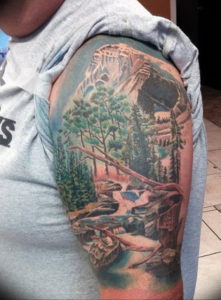 Фото тату горы на плече 23.07.2019 №027 - mountain tattoo on the shoulder - tattoo-photo.ru