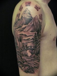Фото тату горы на плече 23.07.2019 №041 - mountain tattoo on the shoulder - tattoo-photo.ru