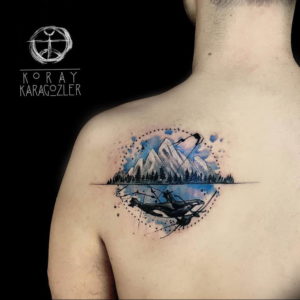 Фото тату горы на спине 23.07.2019 №010 - mountain tattoo on the back - tattoo-photo.ru