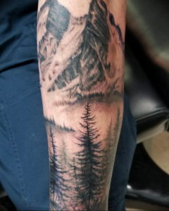 Фото тату лес и горы 23.07.2019 №001 - mountain forest tattoo - tattoo-photo.ru