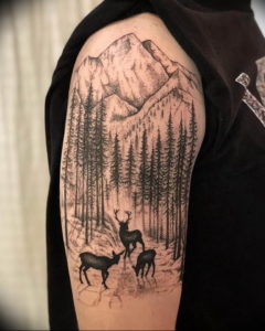 Фото тату лес и горы 23.07.2019 №014 - mountain forest tattoo - tattoo-photo.ru