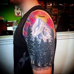 Фото тату лес и горы 23.07.2019 №028 - mountain forest tattoo - tattoo-photo.ru