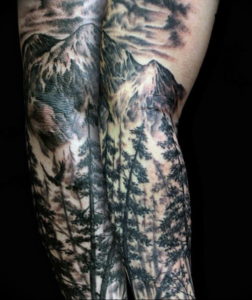 Фото тату рукав горы 23.07.2019 №005 - mountain sleeve tattoo - tattoo-photo.ru