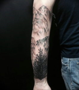 Фото тату рукав горы 23.07.2019 №006 - mountain sleeve tattoo - tattoo-photo.ru