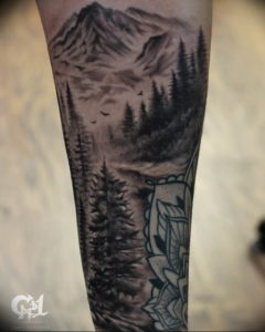 Фото тату рукав горы 23.07.2019 №007 - mountain sleeve tattoo - tattoo-photo.ru