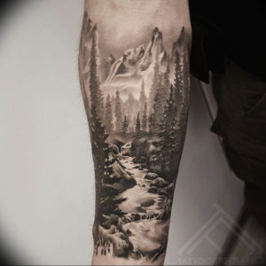 Фото тату рукав горы 23.07.2019 №008 - mountain sleeve tattoo - tattoo-photo.ru