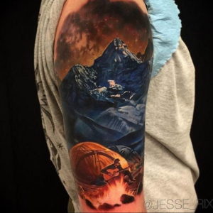 Фото тату рукав горы 23.07.2019 №009 - mountain sleeve tattoo - tattoo-photo.ru