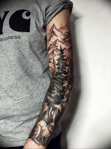Фото тату рукав горы 23.07.2019 №011 - mountain sleeve tattoo - tattoo-photo.ru