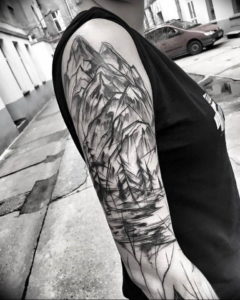 Фото тату рукав горы 23.07.2019 №012 - mountain sleeve tattoo - tattoo-photo.ru