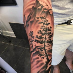 Фото тату рукав горы 23.07.2019 №013 - mountain sleeve tattoo - tattoo-photo.ru