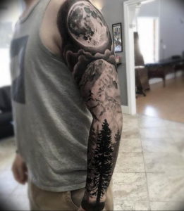Фото тату рукав горы 23.07.2019 №014 - mountain sleeve tattoo - tattoo-photo.ru