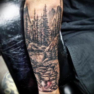 Фото тату рукав горы 23.07.2019 №015 - mountain sleeve tattoo - tattoo-photo.ru
