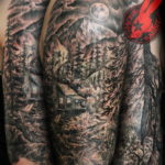 Фото тату рукав горы 23.07.2019 №016 - mountain sleeve tattoo - tattoo-photo.ru