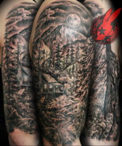Фото тату рукав горы 23.07.2019 №016 - mountain sleeve tattoo - tattoo-photo.ru