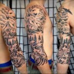 Фото тату рукав горы 23.07.2019 №022 - mountain sleeve tattoo - tattoo-photo.ru