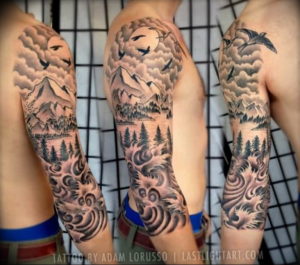 Фото тату рукав горы 23.07.2019 №022 - mountain sleeve tattoo - tattoo-photo.ru