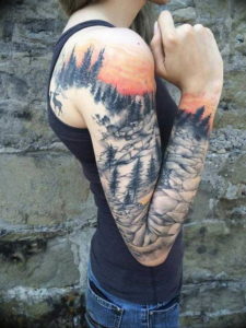 Фото тату рукав горы 23.07.2019 №023 - mountain sleeve tattoo - tattoo-photo.ru