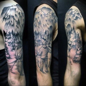 Фото тату рукав горы 23.07.2019 №024 - mountain sleeve tattoo - tattoo-photo.ru