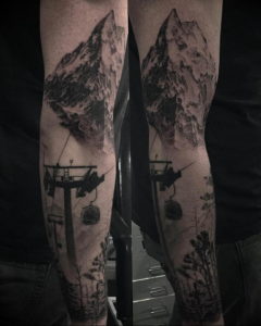 Фото тату рукав горы 23.07.2019 №025 - mountain sleeve tattoo - tattoo-photo.ru
