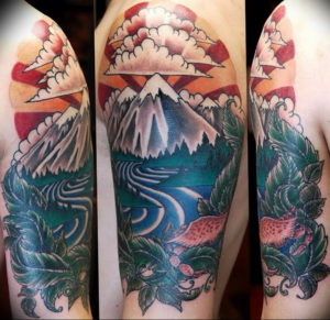 Фото тату рукав горы 23.07.2019 №026 - mountain sleeve tattoo - tattoo-photo.ru