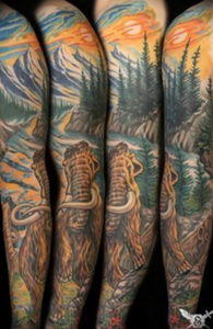 Фото тату рукав горы 23.07.2019 №028 - mountain sleeve tattoo - tattoo-photo.ru