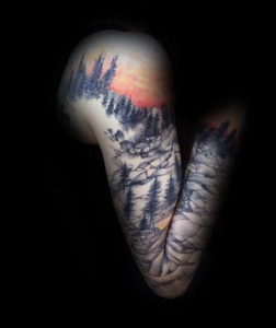 Фото тату рукав горы 23.07.2019 №029 - mountain sleeve tattoo - tattoo-photo.ru