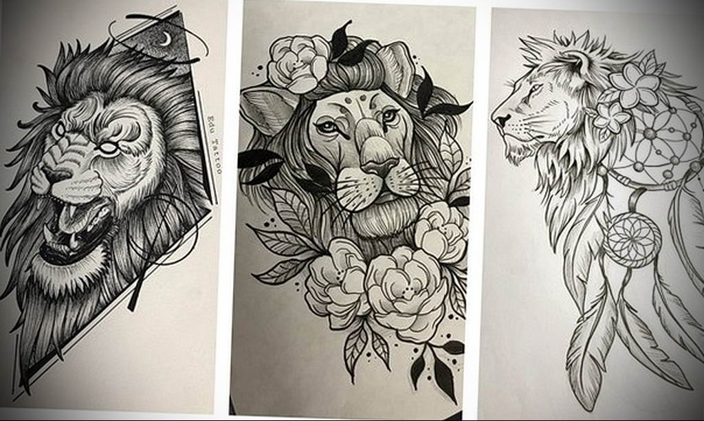 Лев с цветами Графика тату на предплечье