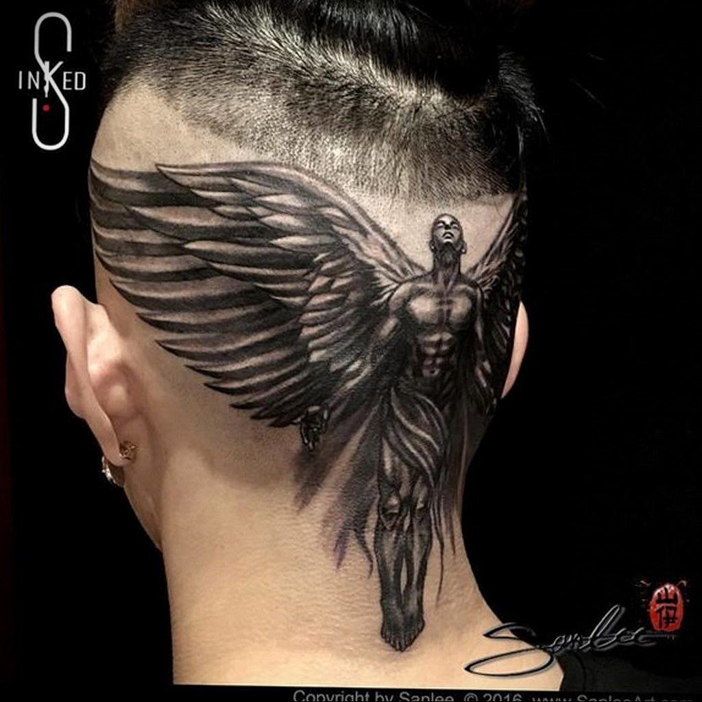 тату крылья на затылке 24.09.2019 №005 -the back of the head tattoo- tattoo-photo.ru