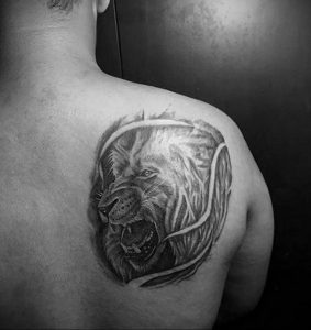 Фото тату на лопатке Лев 09.03.2020 №016 -tattoo on the shoulder- tattoo-photo.ru