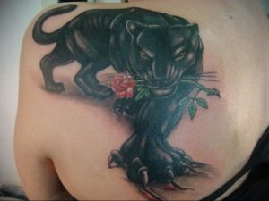 Фото тату с кошкой на лопатке 09.03.2020 №005 -tattoo on the shoulder- tattoo-photo.ru