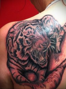 Фото тату с тигром на лопатке 09.03.2020 №005 -tattoo on the shoulder- tattoo-photo.ru