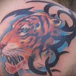 Фото тату с тигром на лопатке 09.03.2020 №012 -tattoo on the shoulder- tattoo-photo.ru