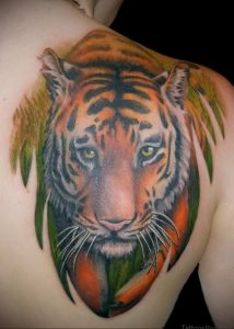 Фото тату с тигром на лопатке 09.03.2020 №026 -tattoo on the shoulder- tattoo-photo.ru