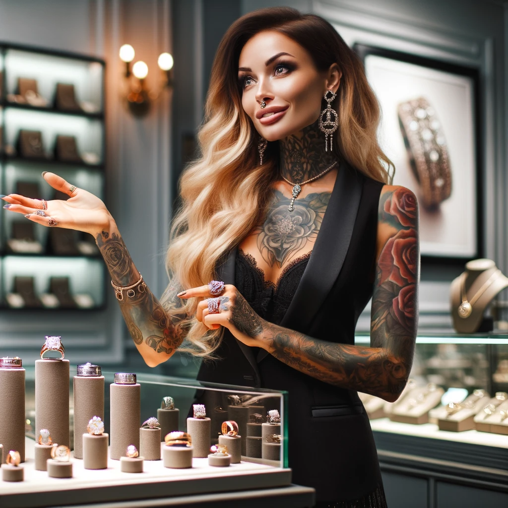 1 - A beautiful woman with large, intricate tattoos discussing and showcasing the advantages of custom wedding rings at a jeweler's. She stands confidentl