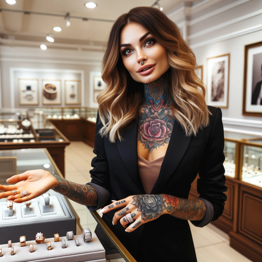2 - A beautiful woman with large, intricate tattoos discussing and showcasing the advantages of custom wedding rings at a jeweler's. She stands confidentl