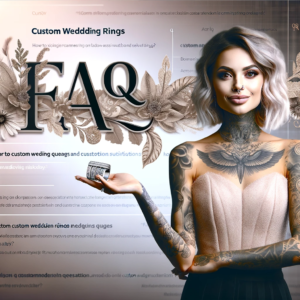 3 - A beautiful woman with large, beautiful tattoos presenting an FAQ about custom wedding rings. She exudes a sophisticated and knowledgeable aura, as if