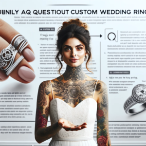 4 - A beautiful woman with large, beautiful tattoos presenting an FAQ about custom wedding rings. She exudes a sophisticated and knowledgeable aura, as if