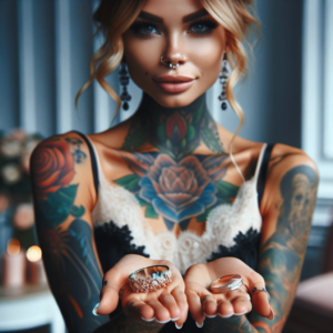 6 - A beautiful woman with large, intricate tattoos presenting custom wedding rings. The scene is elegant and stylish, capturing a moment of introduction