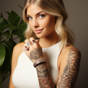 A beautiful woman with large, beautiful tattoos presenting an FAQ about custom wedding rings 1_4