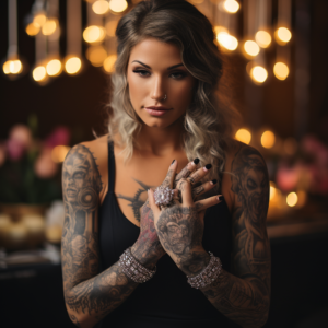 A beautiful woman with large, intricate tattoos presenting custom wedding rings 1_1