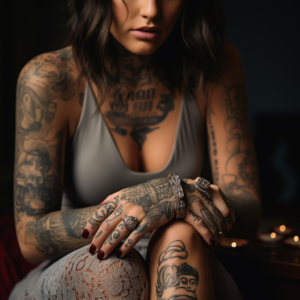 A beautiful woman with large, intricate tattoos presenting custom wedding rings 1_2