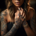 A beautiful woman with large, intricate tattoos presenting custom wedding rings 1_4